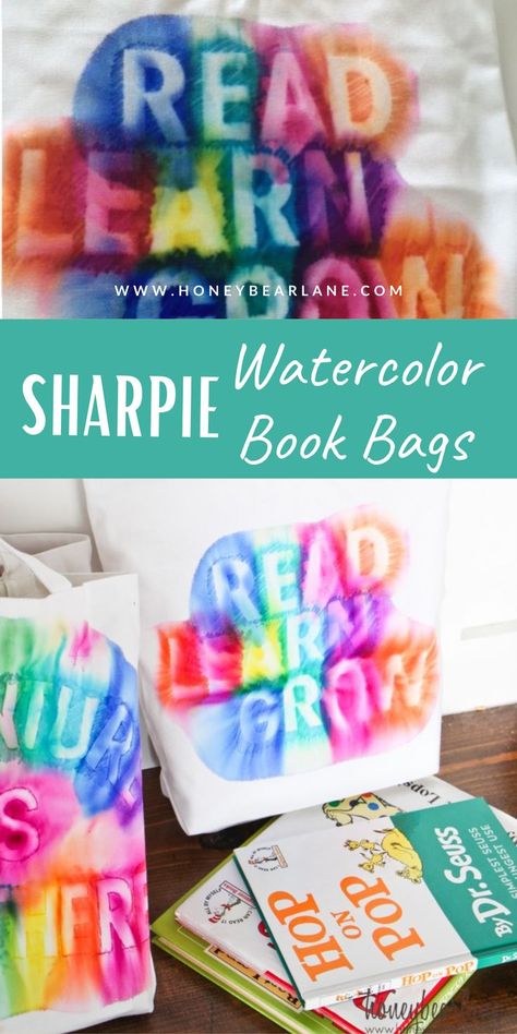 Encourage your children to read and love books. Teach them to care for the books placing them in these Sharpie watercolor book bags. Book bag DIY. Book bags for kids. Cute bookbag design. Fabric Bags. Book Bag Diy, Reading Bag, Book Bags For Kids, Library Tote Bag, Canvas Bag Diy, Diy Preschool, Keychain Craft, Library Bag, Watercolor Books