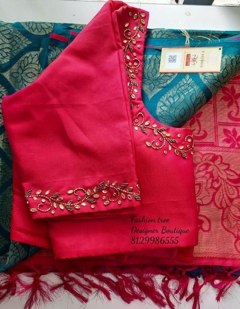 Elegant work blouse design Simple Work On Blouse Designs, Neck Work Designs For Blouse, New Model Maggam Work Blouse Designs Simple, Blouse Work Designs Bridal, Simple Aari Works On Blouse, Blows Work Designs Latest, Simple Engagement Blouse Design, Blouse Simple Hand Work Designs, Floral Design Aari Work Blouse