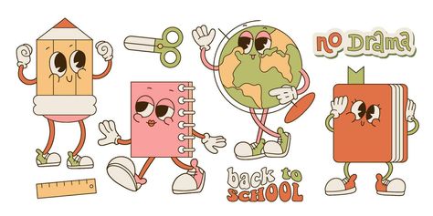 Set with school supplies groovy characters in gloves with quotes Back to school, No drama in contour flat retro classic cartoon style of 60s 70s. Globe, pencil, book, notebook mascots. Classic Cartoon Characters Drawings, Back To School Illustration, Cartoon Objects, Pencil Character, 60s Cartoons, Retro Cartoon Style, Pencil Cartoon, 70s Cartoons, School Vector