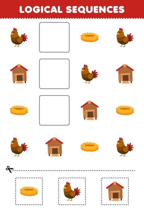 Education game for children logical sequences for kids with cute cartoon chicken nest coop picture printable farm worksheet Farm Worksheet, Preschool Pattern Worksheets, Chicken Nest, Farm Printable, Preschool Patterns, Pattern Worksheet, Preschool Math Worksheets, Cartoon Chicken, Game For Children