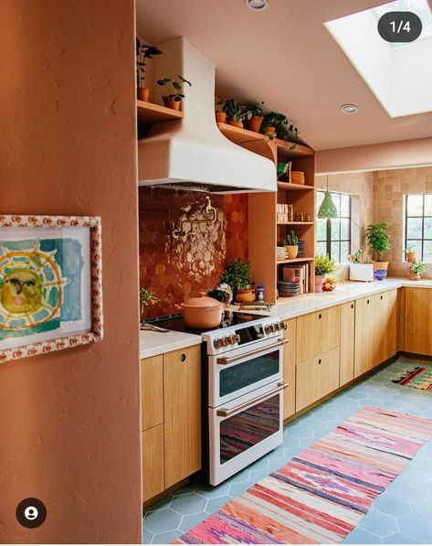 Justina Blakeney Kitchen, Kitchen And Sunken Living Room, Modern 70s Home Kitchen, Eclectic Kitchen Backsplash, Small Moody Kitchen, Light And Airy Kitchen, Skylight Kitchen, Italian Cypress, Plywood Kitchen