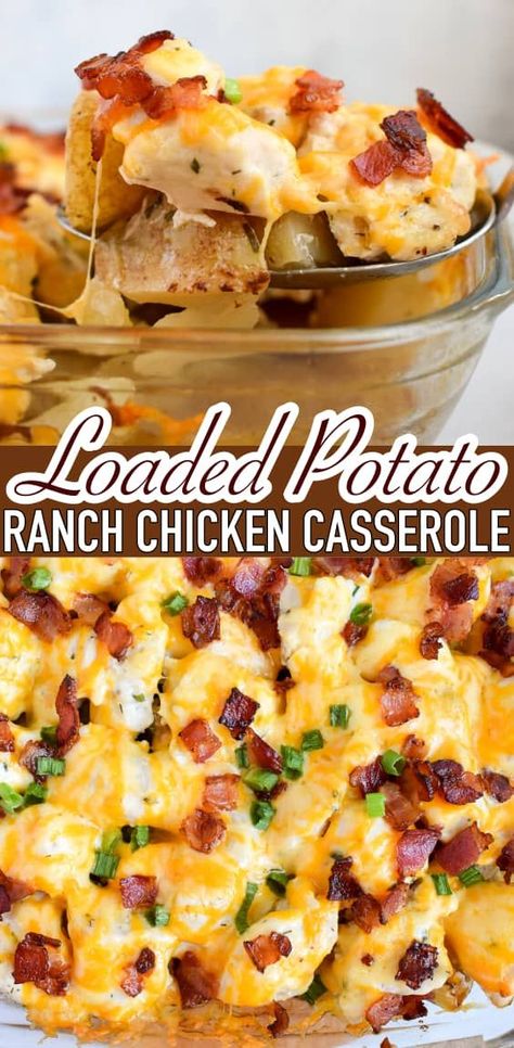 LOADED POTATO RANCH CHICKEN CASSEROLE Chicken And Bacon Dinner Ideas, Chicken Bacon Ranch With Potatoes, Chicken Potatoes Ranch Bake, Chicken Bacon Ranch Hashbrown Casserole, Loaded Potato Casserole With Chicken, Oven Chicken Casserole Easy Recipes, Chicken An Potatoes, Potato Ranch Chicken Casserole, Ranch Chicken And Potatoes In Oven