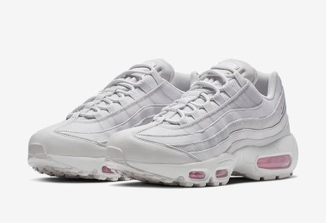 Nike is preparing for the warmer months as they are set to release a spring-ready Air Max 95 exclusively for the ladies.Dressed in a Vast Grey, Psychic Pink, and Summit White color scheme. This Nike Air Max 95 features a combination of White and Soft Grey throughout its upper highlighted with Pink accents on the debossed Swoosh, heel, and Air Max cushioning units.#nikeairmax95 Air Max 95 White, Sneaker Bar, Nike Air Max 98, Air Max 90 Premium, Nike Air Vapormax Flyknit, Air Max 98, Silver Sneakers, Nike Air Max For Women, Air Max Plus