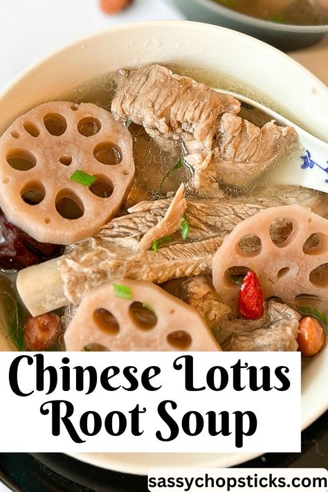 This traditional Chinese Lotus Root Soup has rich flavors and nutritious lotus root slices. Its comforting warmth is perfect for any meal. Chinese Lotus Root Recipe, Lotus Root Recipes Chinese, Chinese Healing Soup, Traditional Chinese Soup Recipes, Lotus Root Recipes, Lotus Root Recipe, Tender Pork Ribs, Lotus Root Soup, Lotus Recipe