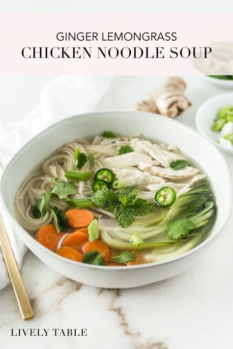 Chicken Pho Soup, Ginger Chicken Soup, Pho Soup Recipe, Asian Chicken Noodle Soup, Brown Rice Noodles, Lemongrass Soup, Asian Soup Recipes, Lemongrass Chicken, Noodles Chicken