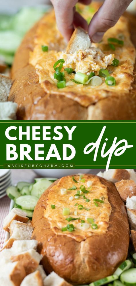 Here's a party snack or simple appetizer that's crave-worthy! It's an easy dip recipe in a bread bowl. Hearty and full of flavor, this Cheesy Bread Dip is great for entertaining! Pin this for later! Homemade Bread Appetizers, Bread Bowl Dip Recipes Appetizer Ideas, French Bread Dip, Beer Bread Dip Recipe, Bread Bowl Recipe Dip, Spreads For Bread Appetizers, Bread And Dip Appetizers, Dips That Go With Naan Bread, Bread Bowl Appetizers