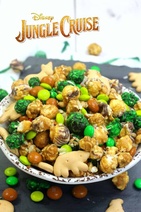 Disney's Jungle Cruise Popcorn Party Mix Jungle Cruise Movie, Zebra Popcorn, Disney Inspired Food, 21 Diner, Disney Dinner, Disney Movie Night, Cruise Party, Jungle Cruise, Popcorn Party