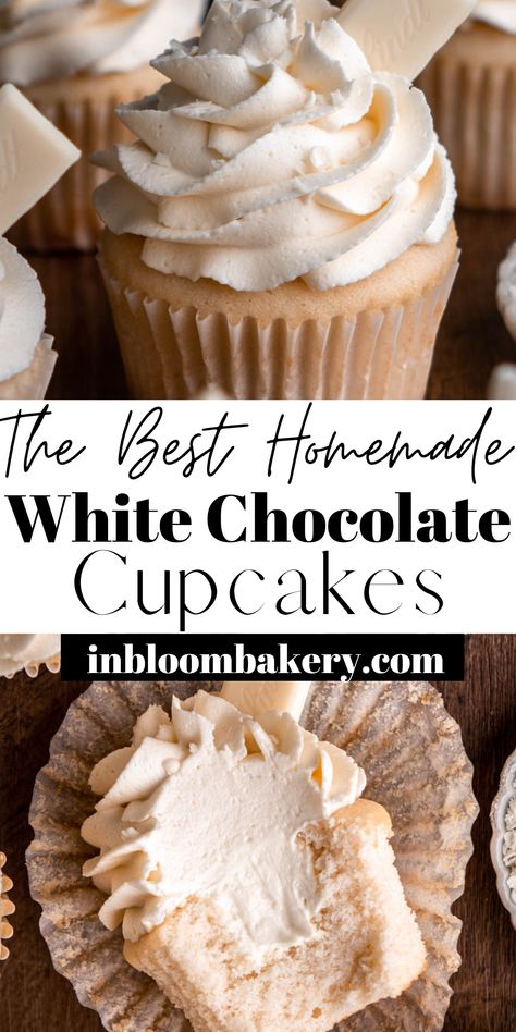 White Chocolate Cupcake Filling, White Chocolate Filled Cupcakes, White Mocha Cupcakes, Tasty Cupcakes Recipes, Yummy Cupcakes Recipes, White Cupcakes With Filling, Vanilla Cupcake With Filling, White Filled Cupcakes, Vanilla Caramel Cupcakes