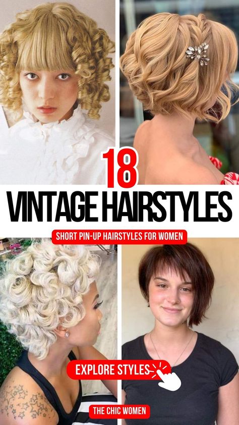 Best Vintage Hairstyles for Short Hair 60s Hairstyles For Short Hair, Short Hair Pinup Styles, Retro Hairstyles For Short Hair, Rockabilly Hair Short, 1950s Hairstyles Short, 1950s Short Hair, Vintage Hairstyles For Short Hair, 50s Hairstyles For Long Hair, Short Hair Wedding Guest Styles