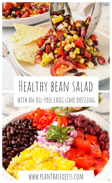 Healthy Bean salad with a chili-lime dressing - Plant Based Jess Healthy Bean Salad, Bean Salad Healthy, Chili Lime Dressing, Rich Winter, Wfpb Recipes, Summer Picnics, Winter Salad, Lime Dressing, Chili Lime