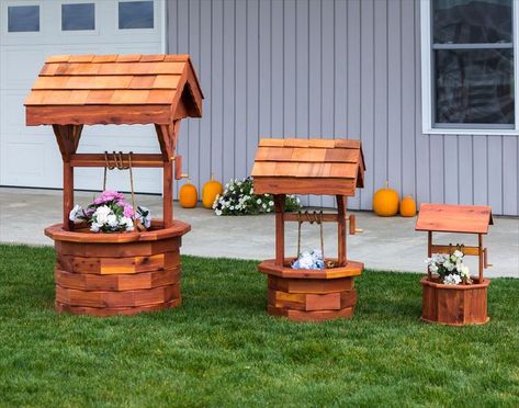 For the perfect finishing touch to your garden or other outdoor space, check out these Eastern Red Cedar Wishing Wells, available in three sizes. Act now to receive this beauty just in time for the spring! Wishing Well Garden, Large Garden Planters, Rustic Card Box, Cedar Stain, Amish Crafts, Red Cedar Wood, Amish Furniture, Outdoor Furniture Collections, Colorful Plants