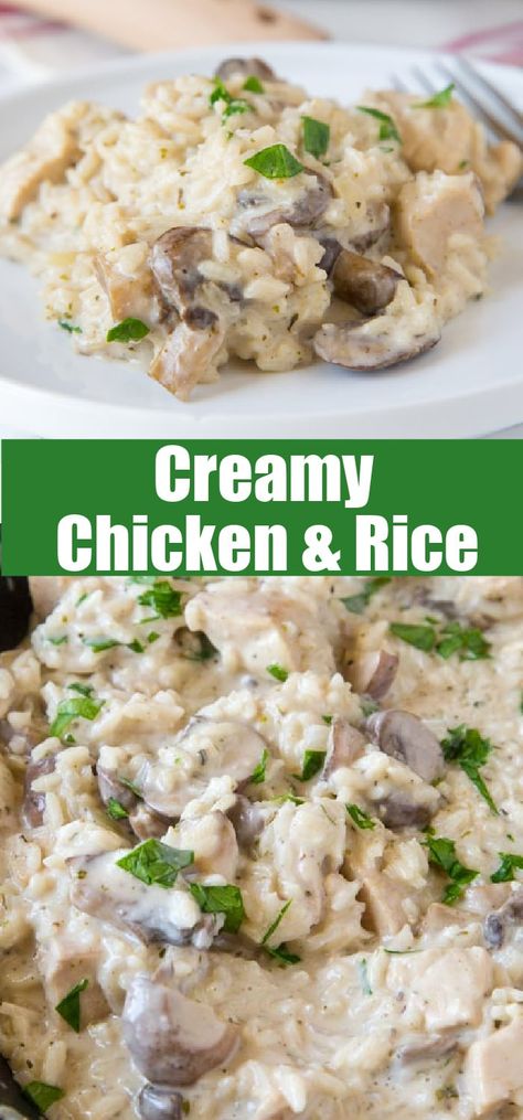 Recipes For Bulking, Creamy Chicken With Rice, Easy One Pan Dinner, Chicken Mushroom Casserole, Cream Of Mushroom Chicken, Chicken Over Rice, Chicken And Rice Casserole, Creamy Chicken And Rice, Easy Chicken And Rice