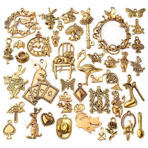 PRICES MAY VARY. Package includes: There are 40pcs antique gold alice charms in the package, enough quantity and different styles will provide you with more matching choices for various outfits needs in daily life Reliable material: Made of alloy material, look glossy and shiny, durable and sturdy, friendly to skin, not easy to break, hard to rust or corrode, also not easy to out of date, can be applied for long time Suitable sizes: As the picture shows, the sizes are about 5mm-45mm. Charms in a Steampunk Skeleton, Alice Wonderland, Skeleton Keys, Alice In Wonderland Theme, Key Pendant Necklace, Necklace Charms, Diy Earring, Pendants Necklace, Special Jewelry