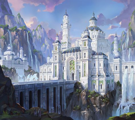 ArtStation - white castle, Ji Young Joo Doranelle Aesthetic, Blue Kingdom, Orynth Castle, Sky Building, Elf Castle, City In The Mountains, Blue Castle, Elf Kingdom, Ice City