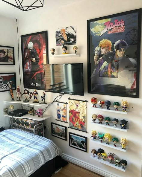 Bedroom With Posters, Posters On Wall, Anime Bedroom Ideas, Posters On Wall Bedroom, Cool Room Designs, Otaku Room, Bedroom Setup, Anime Posters, Wall Bedroom