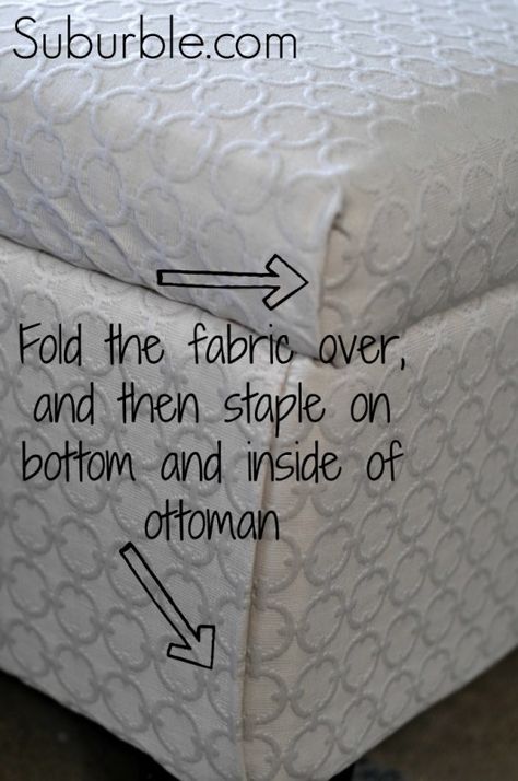 The No-Sew Way To Recover An Ottoman Diy Ottoman, Reupholster Furniture, Upholstery Diy, Leather Ottoman, No Sew, Redo Furniture, Basement Remodeling, Reupholster, Furniture Projects