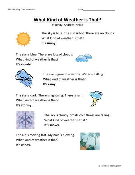 Teaching Weather, Weather Worksheets, Reading Comprehension For Kids, Teaching Reading Comprehension, Weather Words, Preschool Reading, Have Fun Teaching, Reading Comprehension Skills, Reading Comprehension Passages