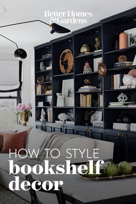 Large Bookshelves In Living Room, How To Decorate Black Shelves, Dark Grey Bookshelves, Styling Black Built In Shelves, Stylized Bookshelves, How To Style Black Bookshelves, Black Bookshelves Living Room, Black Bookcase Decor, Dark Built In Bookshelves Living Room