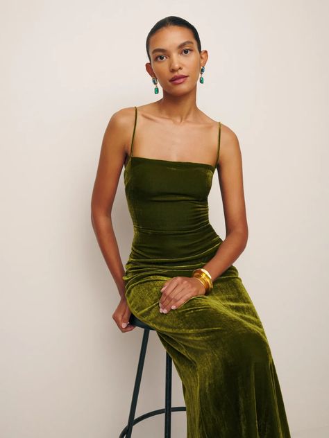 Petites - Shop Women's Petites Clothing | Reformation Olive Wedding, Green Formal Dresses, Olive Dress, Green Velvet Dress, Olive Green Dresses, Reformation Dress, Silky Dress, Straight Neckline, Reformation Dresses