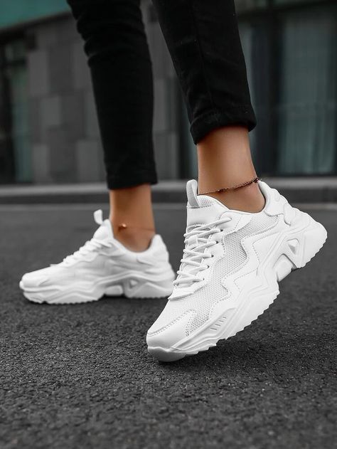 Women Minimalist White Lace-Up Front Breathable Chunky Sneakers | SHEIN USA White Chunky Sneakers, Plateau Sneaker, Dancing Costumes, Discover Your Style, Light Sneakers, Sport Shoes Men, Shein Dress, Casual Running Shoes, Aesthetic Shoes