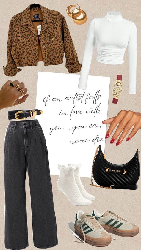 Perfect coffee date outfit with leopard print jacket and black wide leg jeans, paired with adidas gazelle and pop of cherry red details Morning Coffee Date Outfit, Coffee Outfit Ideas, Date Outfit Fall, Coffee Date Outfit, Coffee Date Outfits, Coffee Outfit, Date Outfit, Coffee Date, Date Outfits