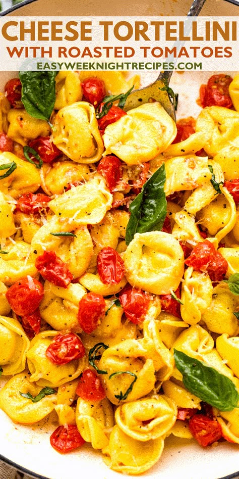 This easy recipe for Cheese Tortellini with Roasted Tomatoes is perfect for a busy weeknight! Full of fresh cherry tomatoes, olive oil, and garlic, it’s simple, summery, and beautiful. Cheese Tortellini Recipes Olive Oil, Pasta With Cheese And Tomatoes, Cherry Tomato Tortellini, Dinner With Grape Tomatoes, Healthy Cheese Tortellini Recipes, Light Tortellini Recipes, Fresh Tortellini Recipes, Summer Tortellini Recipes, Five Cheese Tortellini Recipes