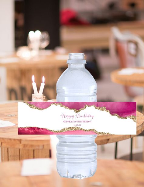 Gold Water Bottle, White Water Bottle, Water Bottle Labels Template, Pink Water Bottle, Bottle Label Template, Water Bottle Label, Gold Water, Gold Party, Water Bottle Labels