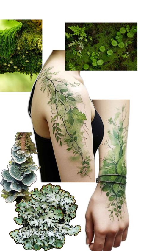 Seidr Volva Tattoo, Colored Nature Tattoo, Plant Ring Tattoo, Hip Plant Tattoo, Elegant Tattoo Designs, Moss Tattoo Nature, Deadly Plant Tattoo, Whimsical Forest Tattoo, Nature Wrist Tattoo