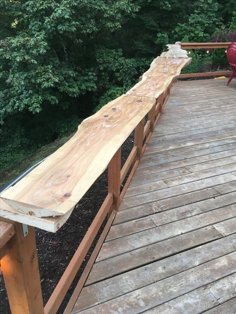 Reclaimed wood for deck railing bar top Porch Bar Railing, Deck Bar Seating, Deck Bar Railing, Deck Railing Bar Top Ideas, Railing Bar On Deck, Railing With Bar Top, Porch Railing Bar Top, Deck Railing Bar, Bar Top On Deck Railing