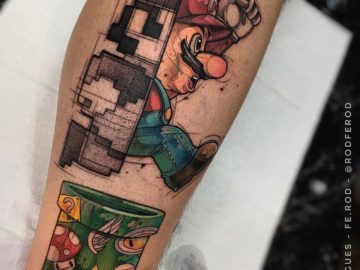 Mario Bros. Tattoo Mario Tatoos, Rectangle Tattoo, Super Mario Tattoo, Tattoo Leo, Apocalypse Tattoo, Nintendo Tattoo, Peach Tattoo, Mario Tattoo, Gamer Tattoos