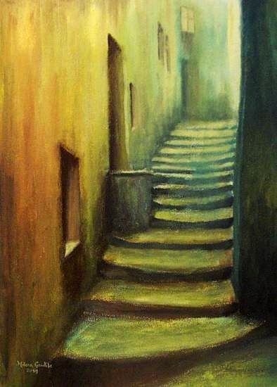 Stairs Art Drawing, Painting Of Stairs, Alley Illustration, Stairs Illustration, Environmental Art Projects, How To Draw Stairs, Watercolor Practice, Stair Art, Anime Photo