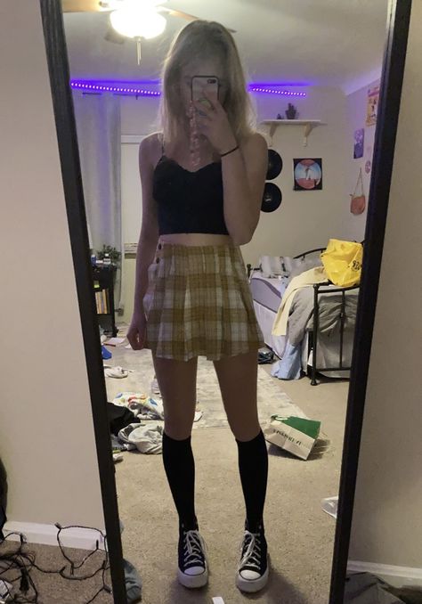 grunge, knee high socks, school fits, converse, plaid skirt outfit Tights And High Top Converse, High Socks Outfits Vans, 90s Knee High Socks Outfit, Mini Skirt High Socks Outfit, Converse With Long Socks, Knee Socks With Converse, Knee High Socks Outfit Aesthetic, Converse With Socks, Skirt Knee High Socks