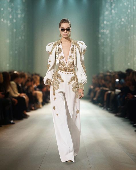 Regal opulence draped in timeless white and gold. Discover the Couture Spring/Summer 2024 Collection on SaiidKobeisy.com #SaiidKobeisy… | Instagram White Masquerade Outfit, Opulence Outfit, Masquerade Outfit, Beaded Jumpsuit, Modern Royalty, Hippie Chic Fashion, Saiid Kobeisy, High Fashion Runway, Straight Cut Pants