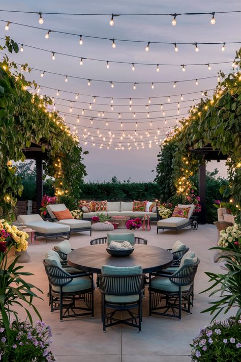 Outdoor patio with string lights, surrounded by lush greenery and colorful flowers, featuring a circular dining table and cushioned seating area. Small Outdoor Dining Area, Patio Arrangement Ideas, Outdoor Room Ideas, Dreamy Patio, Backyard Dining Area, Pouf Seating, Small Patios, Simple Dining Table, Round Table And Chairs