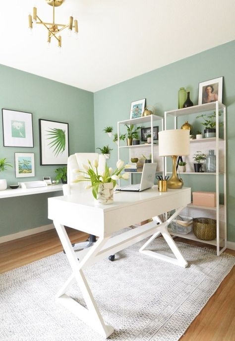 Boho Chic Office Space, Small Basement Color Ideas, Mint Green Office Ideas, Office Walls Ideas, Home Office Color Scheme, Crystal Office, Beachy Office, Green Home Offices, Office Update