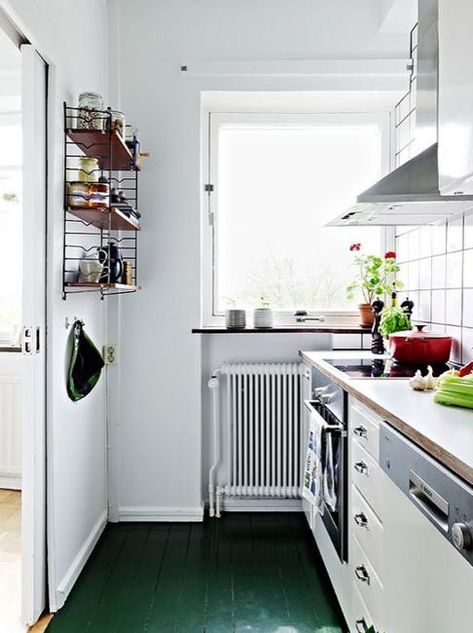 Modern Interior Design and Decor in Malachite Green Colors Kitchen Scandinavian Style, Scandinavian Floor, Painted Wood Floors, White Wood Floors, Green Floor, Wood Floor Kitchen, Painted Floor, Green Flooring, Trendy Kitchen