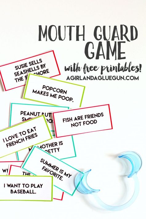 Mouth guard game with free printables! Speak Out Phrases, Mouth Game, Watch Your Mouth, Girls Night Games, Christmas Phrases, Youth Group Games, Mouth Guard, Game Ideas, Word Games