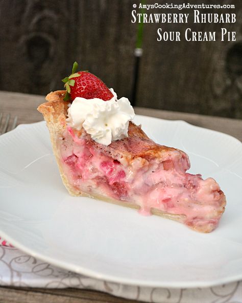 Amy's Cooking Adventures: Strawberry Rhubarb Sour Cream Pie Rhubarb Sour Cream Pie Recipe, Recipes With Sour Cream, Sour Cream Pie, Strawberry Rhubarb Pie Recipe, Rhubarb Recipes Pie, Strawberry Cream Pies, Streusel Muffins, Strawberry Rhubarb Pie, Cream Pies