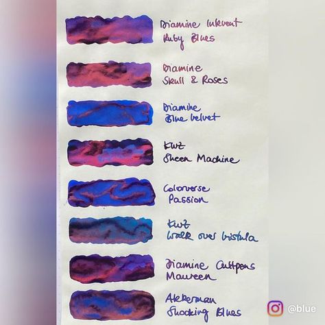 Blue on Instagram: "Comparison of blue inks with red sheen 💙❤️ Overall, Diamine Skull & Roses seems to be close but with a darker blue undertone. I also believe Pennonia Kekfeny is a close match, however my bottle is empty and I can’t swatch it for you right now. I like today’s Diamine Ruby Roses a lot. Diamine Inkvent 2021 Day 13 - Ruby Blues Tomoe River and Rhodia paper #fountainpen #fountainpenink #penlover #fountainpeninks #pensandink #fountainpencommunity #fpinks #inks #inkthusiast Diamine Ink Colors, Diamine Oxblood, Diamine Inkvent, Colour Palate, Pen Journal, Color Palate, Pencil And Paper, Bottled Ink, Fountain Pen Ink