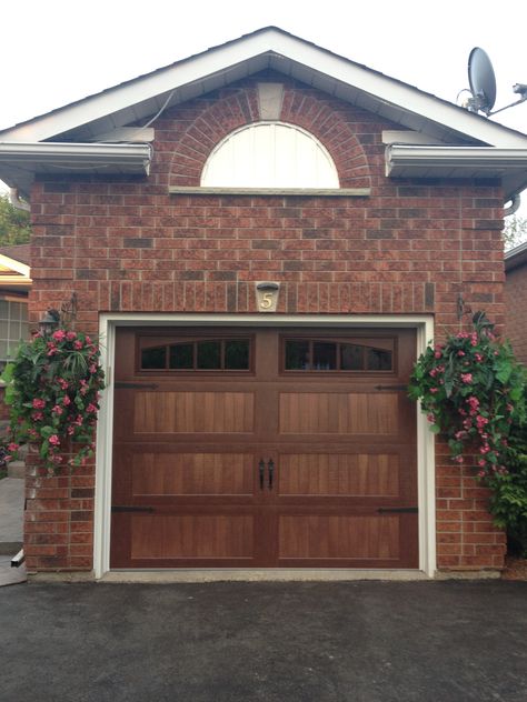 @C.H.I. Overhead Doors Accents Faux Wood Carriage House Garage Door Wood Garage Doors Red Brick House, Garage Doors On Brick House, Brick House Wood Garage Door, Wood Garage Doors Brick House, Garage Door Red Brick House, Garage Door No Windows, Wood Look Garage Doors, Chi Garage Doors, Fiberglass Garage Doors