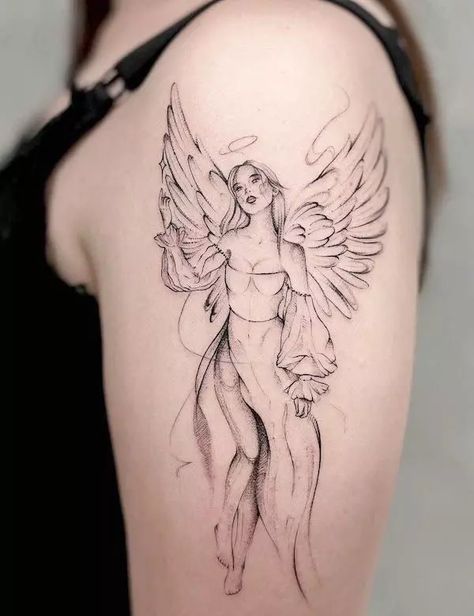 Angel Tattoos For Men, Cute Tattoo Design, Best Female Tattoos, Angel Back Tattoo, Angel Tattoo For Women, Woman Angel, Fingerprint Tattoos, Delicate Tattoos For Women, Cupid Tattoo