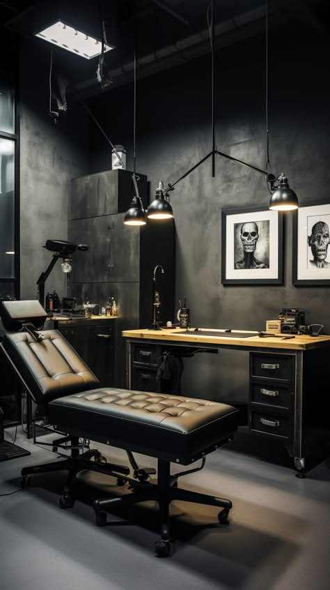 Tattoo Office Design, Luxury Tattoo Studio, Modern Tattoo Shop Interior, Small Tattoo Studio Interior, Tattoo Room Studio, Tattoo Shop Design, Tattoo Room Ideas, Tattoo Studio Aesthetic, Tattoo Shop Aesthetic