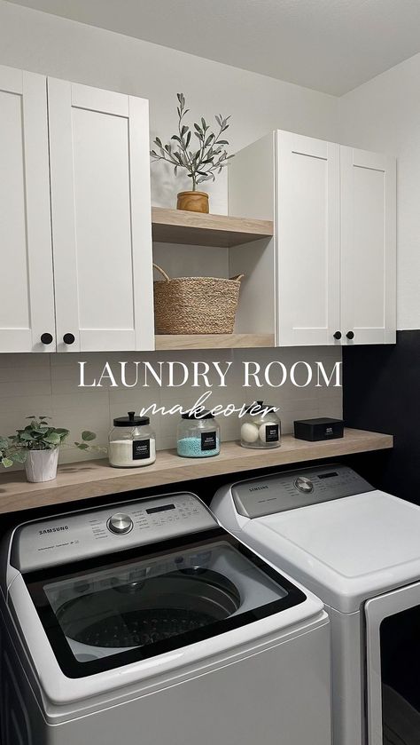 Our DIY laundry room makeover is finally done! 🙌🏼 Comment “LINK” to shop my laundry organization! We removed our builder grade shelf and… | Instagram Renovated Laundry Room, Builder Grade Laundry Room, Small Laundry Room Diy Makeover, Laundry Room In Bathroom Ideas, Small Laundry Room Entry Way, Garage Laundry Room Ideas Diy, Builder Grade Laundry Room Ideas, Diy Laundry Closet Makeover, Laundry Room Office Combo Ideas