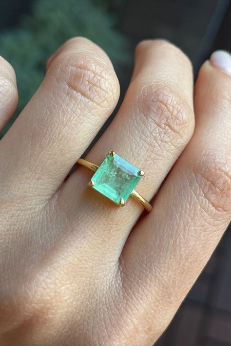 2Ct Natural Colombian Emerald Solitaire Ring, 14k Gold Light Green Emerald Ring, Green Beryl Ring Light Emerald Engagement Ring, Light Green Emerald Ring, Light Green Ring, Unique Emerald Cut Rings, Square Emerald Ring, Light Green Emerald, Emerald Cut Emerald Ring, Beryl Ring, Emerald Solitaire Ring