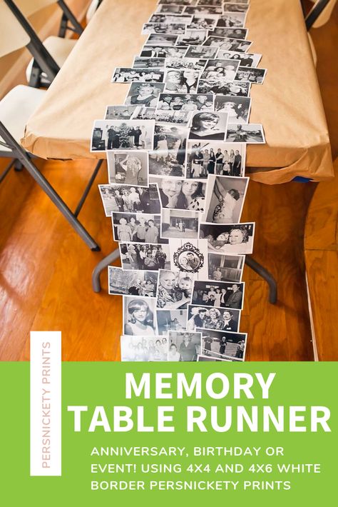 Birthday Picture Table Ideas, Photo Centerpieces Birthday, Photo Collage Table Runner, Photograph Table Runner, Picture Runner For Table, Photo Runner Table, Photo Table Runner Diy, Memory Table Runner, 40th Class Reunion Table Decorations