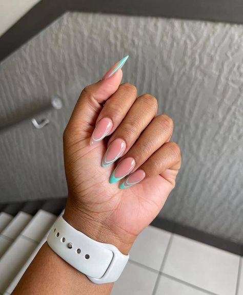 Half Polished Nails, Almond Green Nails, Blue Almond Nails, Almond Nails Short, Acrylic Toe Nails, Wow Nails, Girly Acrylic Nails, Work Nails, French Tip Acrylic Nails