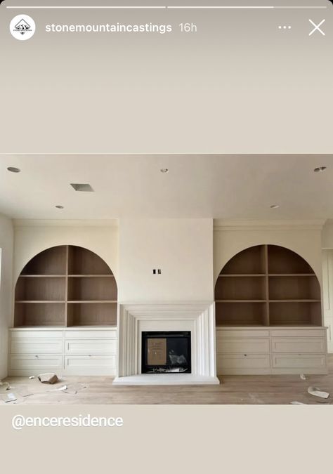 Built In Shelves Inspiration, Asymmetric Built Ins, Long Built In Shelves, White Oak Built In Bookshelves, Uneven Built Ins Around Fireplace, Built In Cabinets Fireplace, Built In Beside Fireplace, Shelves Either Side Of Fireplace, Arched Built Ins Fireplace