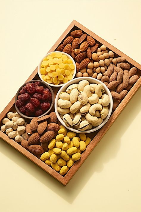 a wooden tray containing nuts and other snacks Background Snacks Background, Dry Fruits Packing Idea, Serving Etiquette, Nuts Platter, Decoration Of Dry Fruits Tray, Nuts Photography Ideas, Nuts And Dry Fruits, Kitchenware Ideas, Bamboo Utensils