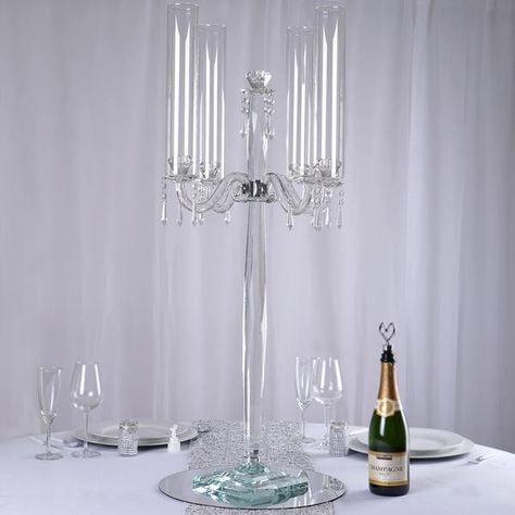 3 Ft Tall 4 Arm PREMIUM Crystal Glass Candle Holder | eFavorMart Candle Centerpieces Wedding, Pillar Candle Centerpieces, Table Scaping, Stemmed Candle Holders, Glass Candelabra, Chic Candles, Chandelier Chain, Crystal Candelabra, Viking Wedding