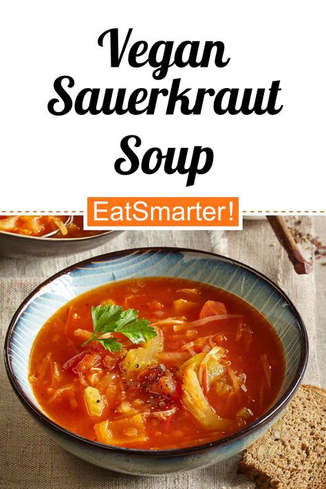 Gesunde Gourmet-Küche: Vegan Sauerkraut Soup - few calories - simple dish - A recipe idea by EAT SMARTER | Low-calorie, Lactose-Free, lactose-free vegetarian, Lactose-free Soup, Vegan, Vegan Lunch, Vegan Dinner, Vegan Soup, Vegetarian, Crohn's Disease, Fertility, Gout, high cholesterol, Hypertension, Iron Deficiency, Lactation, Osteoarthritis, Stress, regional, European, seasonal, Spring, Summer, Autumn, winter, Cooking, Vegetable Soup, Course, Lunch, Dinner, Menu, Appetizer #soup #recipes Saurkraut Soup Vegan, Appetizer Soup, Kohlrabi Recipes, Sauerkraut Soup, Soup Vegetarian, Dinner Vegan, Radish Recipes, Low Cholesterol Recipes, Sauerkraut Recipes